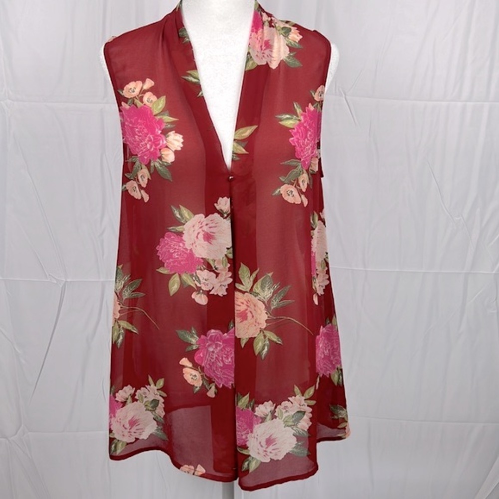 JustFab Red Floral Blouse, Size Medium